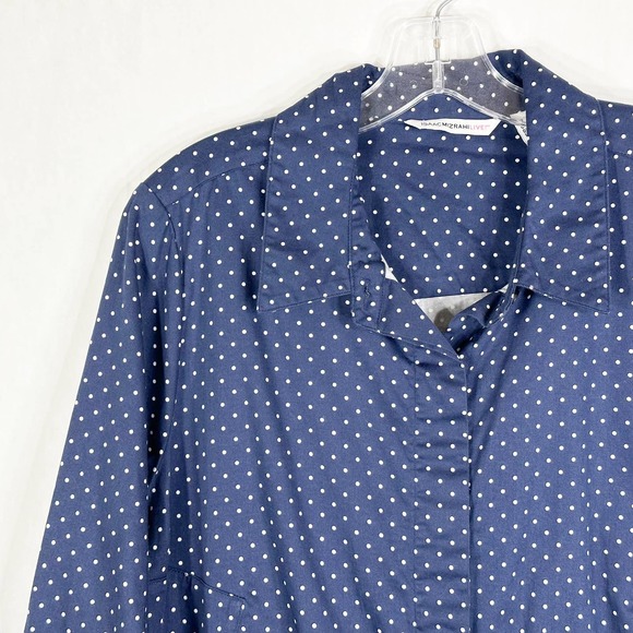 Isaac Mizrahi Live Plus Size 14 Top Button Down Blouse Polka Dot Blue White 1256 - Picture 3 of 8